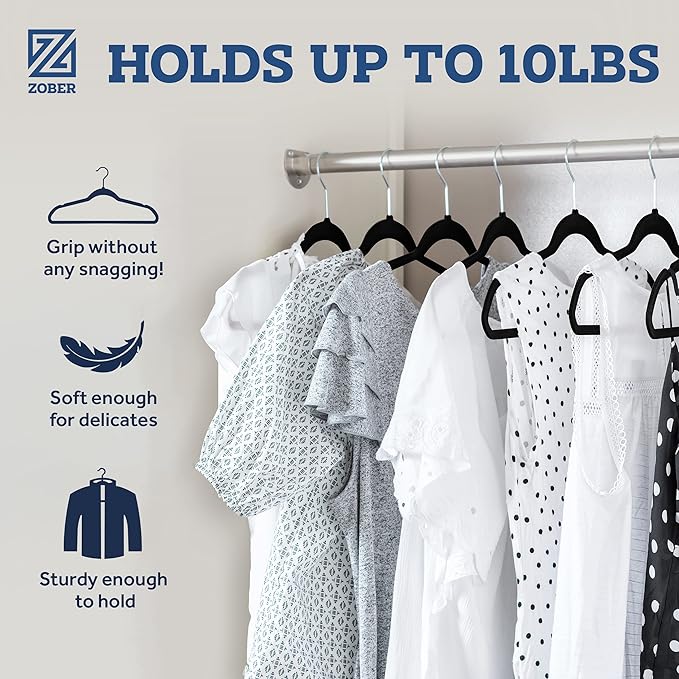 ZOBER Black Velvet Hangers 50 Pack - Clothes Hangers, Coat Hanger for Pants & Dress Clothes - Non Slip w/ 360 Degree Swivel, Holds up to 10 lbs - Strong Felt Hanger for Clothing