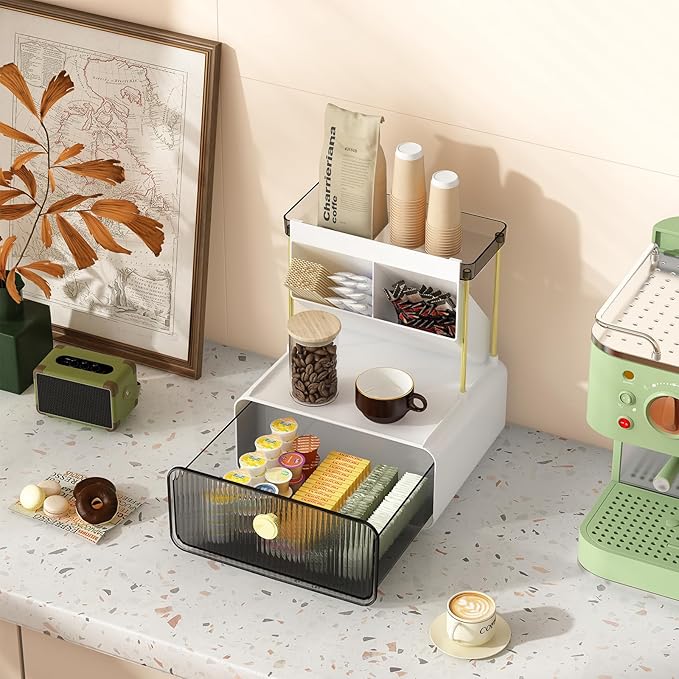 FOLLOWIN Bathroom Counter Organizers and Storage with Drawer, Cosmetic Organizer with Make Up Brush Holder, Perfume Makeup Shelf, 3-Tier Vanity Storage, Smoky Gray