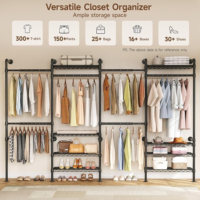 ONBRILL H4 Wall Mounted Closet System, Expandable Industrial Pipe Clothes Rack Clothing Rack for Hanging Clothes, Heavy Duty Closet Organizers and Storage in Wardrobe Closet