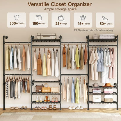 ONBRILL H4 Wall Mounted Closet System, Expandable Industrial Pipe Clothes Rack Clothing Rack for Hanging Clothes, Heavy Duty Closet Organizers and Storage in Wardrobe Closet