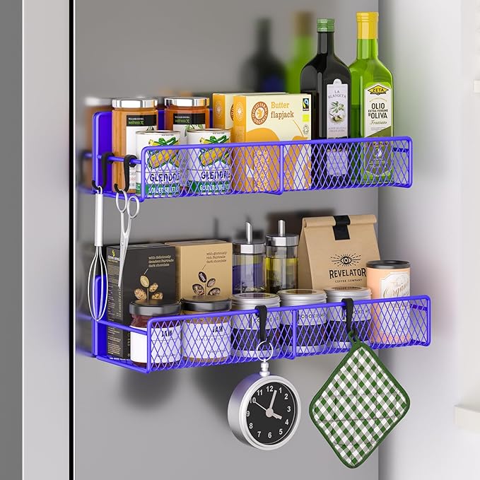 Magnetic Spice Rack for Refrigerator, 2 Pack 100% Metal Strong Magnet Shelf, Space Saving Spice Organizer W/ Hooks, Movable Magnetic Fridge Shelf, Kitchen Home Laundry Storage Organization,Purple Blue