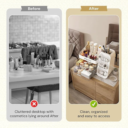 Makeup Organizer with Drawers, Large Capacity Cosmetic & Skincare Storage Box, Countertop Vanity Organizer for Bathroom, Bedroom & Dresser, ABS Plastic, White