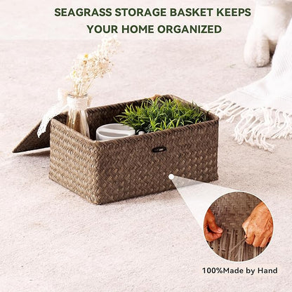 Nonam Storage Basket with Lid, Natural Seagrass Bin with Lid Set of 2, Shelf Baskets Multipurpose Container for Boho Decoration, Rectangular Household Storage Boxes for Home Organization-Coffee