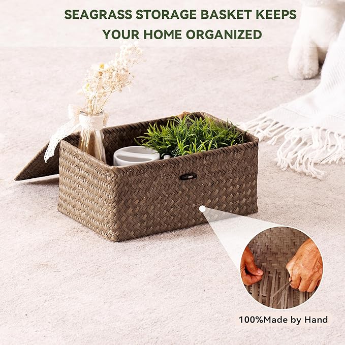Nonam Small Basket with Lid, Natural Seagrass Bin with Lid, Shelf Baskets Multipurpose Container for Boho Decoration, Rectangular Household Storage Boxes for Home Organization-Coffee