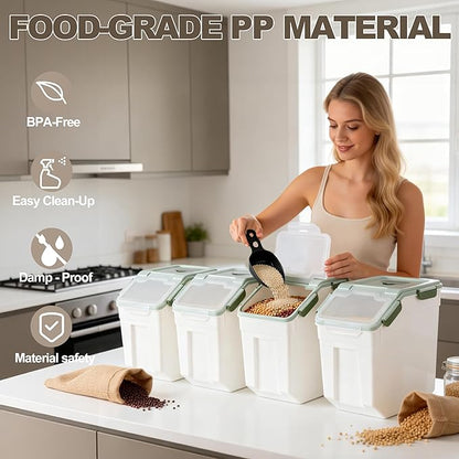 RUIAN Large Airtight Storage Container,25lb Flour Rice Storage Containers Bin with Wheels Seal Locking Lid, with Measuring Cup&Scoop for Flour, Rice, Grain100LBS Total(Green, 4PCS)