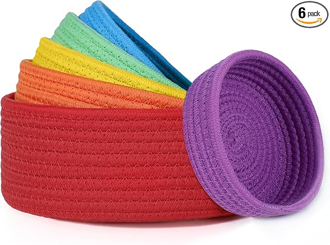 6 Pack Woven Storage Baskets for Organizing, Cotton Rope Rainbow Baskets for Shelves, Cute Colorful Cubby Round Bins, Home Decor Closet Organizer