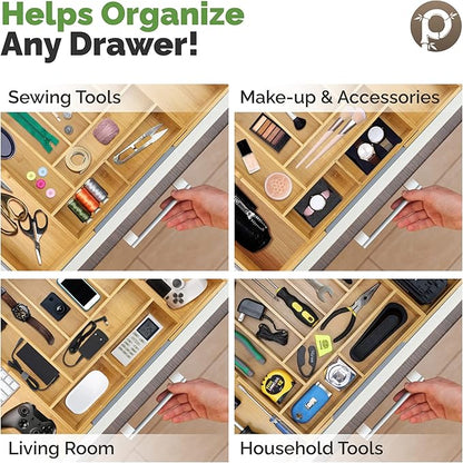 Pristine Bamboo Silverware Organizer - Expandable Kitchen Drawer Organizer - Adjustable Kitchen Drawer Organizer for Utensils, Expandable to 22 Inches Wide, 10 Compartments, Silverware Tray for Drawer