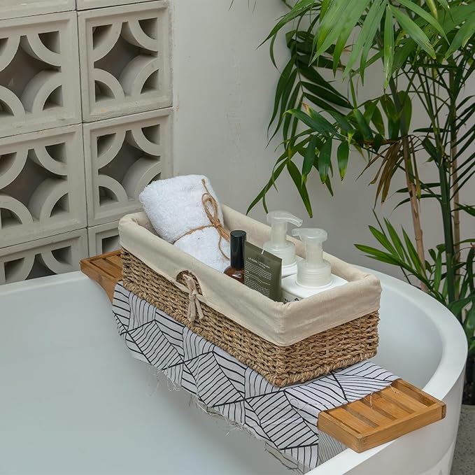 KOKODO Pack of 2 Seagrass Tank Topper Storage Baskets - Woven Wicker Basket for Toilet Paper Holder, Baskets for Vanity, Bathroom, Pantry Organizing, or Coffee Table Decor