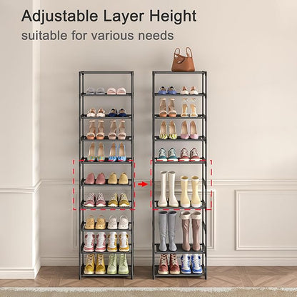 Autonomier 10 Tier Tall Shoe Rack, Non-Woven Fabrics Compact Narrow Shoe Stand Shelf, Vertical Small Space Saving Storage Organizer for Closet Floor, Front Door Entrance, Entryway, Black