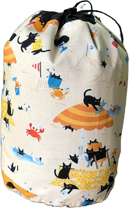 Black Cats on beach drawstring bag for knitting or crochet projects, Rummikub, Scrabble Mahjong tiles, reusable gift bag, Sandy Paws, The Suebee