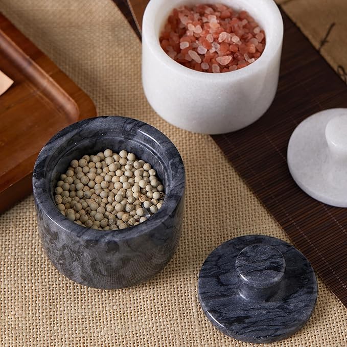 Natural Marble Salt Cellar with Lid, Stone Salt Bowl,Spice Jar,Handcrafted Seasoning Storage Box for Kitchen Container(Black)