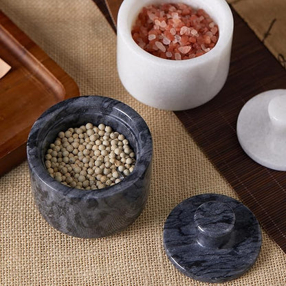 Natural Marble Salt Cellar with Lid, Stone Salt Bowl,Spice Jar,Handcrafted Seasoning Storage Box for Kitchen Container(Black)