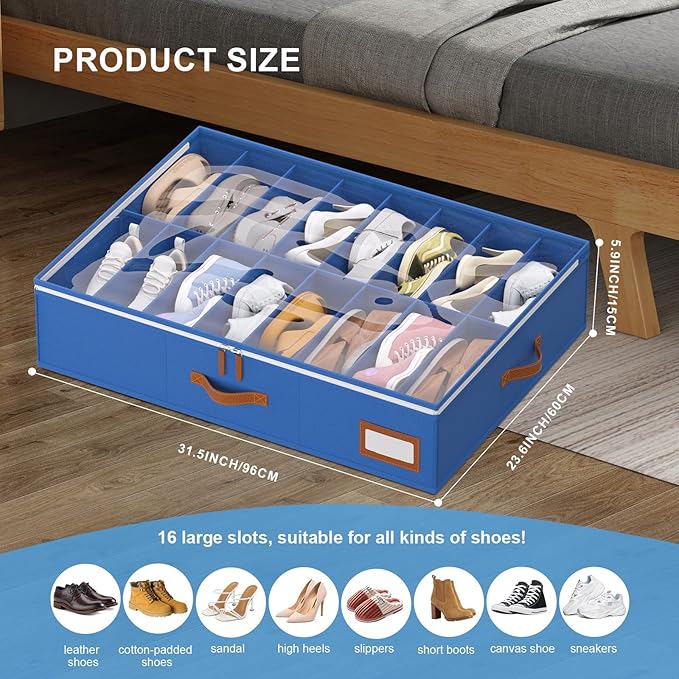 homyfort Shoe Organizer Under Bed, Fits 32 Pairs, Under bed Shoe Storage Boxes with Study Handles and Clear Cover, zapateras organizer for shoes, set of 2
