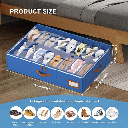 homyfort Shoe Organizer Under Bed, Fits 32 Pairs, Under bed Shoe Storage Boxes with Study Handles and Clear Cover, zapateras organizer for shoes, set of 2