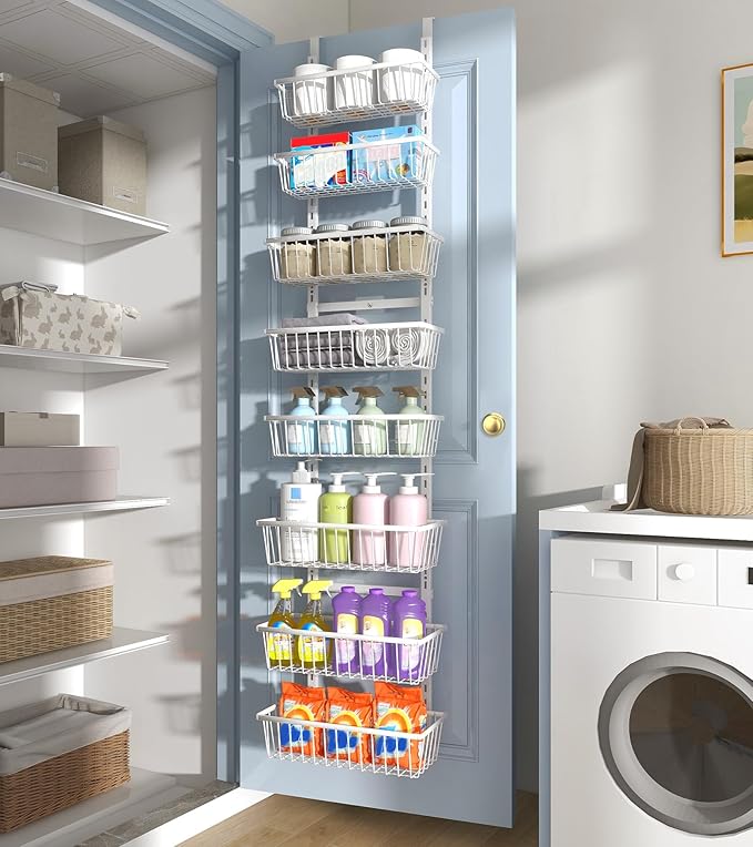 Mefirt White 12 Inch Wide Narrow Over The Door Pantry Organizer, Pantry Organization and Storage, 8-Tier Metal Hanging Deep Basket Wall Spice Rack Seasoning Shelves, Home & Kitchen Essentials