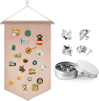 VitalCozy Pin Wall Display Banner with Butterfly Clutch Tie Tacks Enamel Pin Display Blank Canvas Display Metal Pin Backs Pin Organizer for Jewelry Lapels Badges Buttons Collection(Khaki)