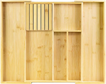 VaeFae Bamboo Silverware Drawer Organizer Kitchen, Expandable Utensil Organizer with Knife Block, Cutlery Tray with Divider, Multifunctional Drawer Organizer