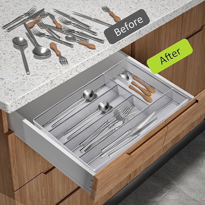 Neudeco Silverware Drawer Organizer - 5 Compartment Cutlery Tray with Non-Slip Feet, Mesh Wire Flatware Storage Divider for Kitchen, Bedroom, Living Room (Silver)
