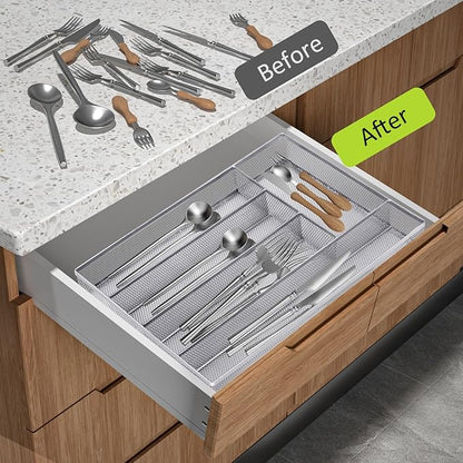Neudeco Silverware Drawer Organizer - 5 Compartment Cutlery Tray with Non-Slip Feet, Mesh Wire Flatware Storage Divider for Kitchen, Bedroom, Living Room (Silver)