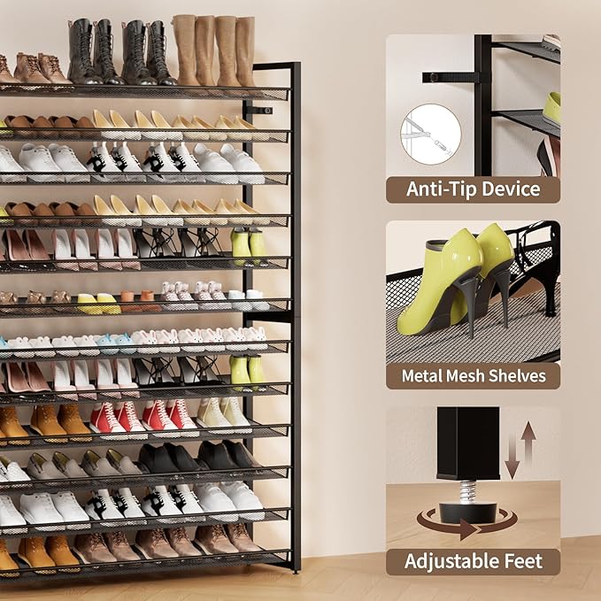 Metal Shoe Rack,Large 12 Tier Shoe Organizer, Heavy Duty Metal 6-Tier Stackable Shoe Storage Vertical Shoe Rack for Closet Front Door Entrance,Entryway,GarageUp to 76 Pairs,Black
