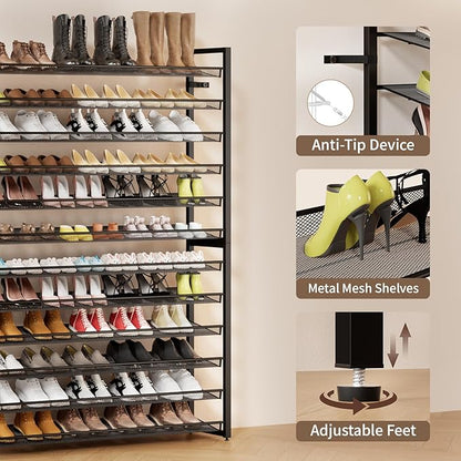 Metal Shoe Rack,Large 12 Tier Shoe Organizer, Heavy Duty Metal 6-Tier Stackable Shoe Storage Vertical Shoe Rack for Closet Front Door Entrance,Entryway,GarageUp to 76 Pairs,Black