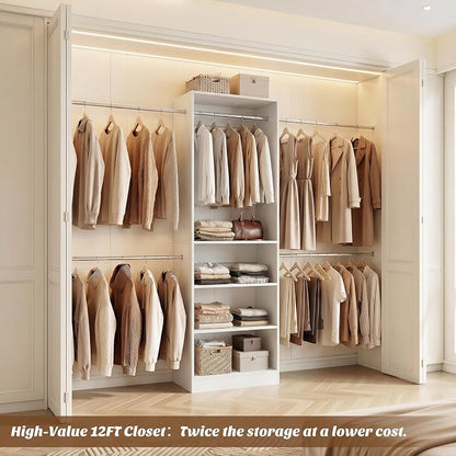 12FT Large Open Closet System, 138'' Wall-Mounted Closet Shelving with 5 Hanging Rods and 6 Shelves, Customizable Wardrobe for Walk-In Closets, Fits 5–12FT Spaces, White
