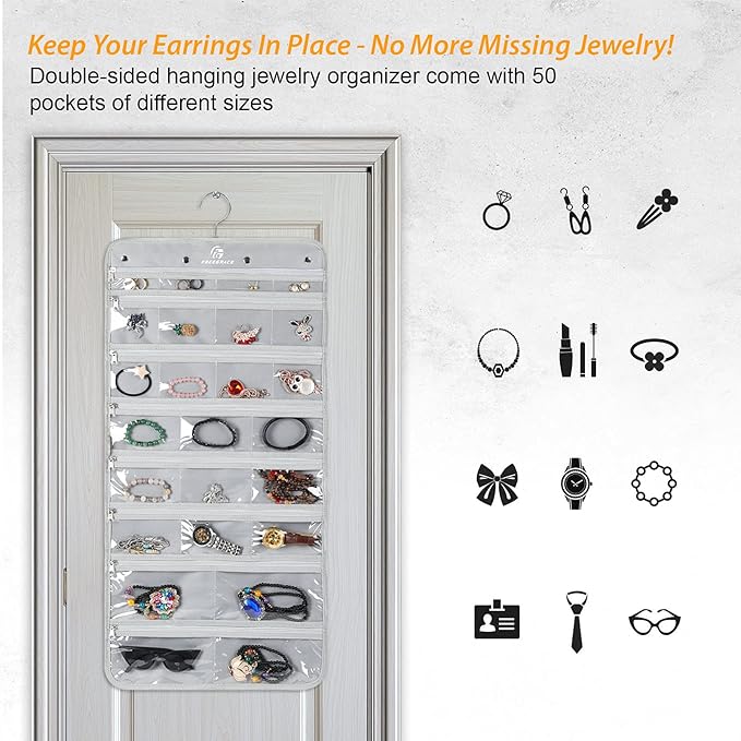 Hanging Jewelry Organizer with 50 Transparent Pockets, 360 Rotating Hanger & Secure Zipper Closure - Foldable Double Sided Jewelry Storage Bag for Earrings, Rings, Necklaces, Bracelets (Gray)