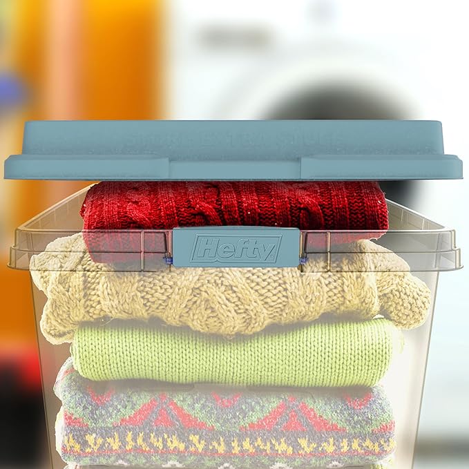 Hefty 72 Quart Hi-Rise Storage Bin with Lid, Stackable Plastic Container Tote for Home, Office, and Classroom Organization, 6 Pack, Smoke Blue