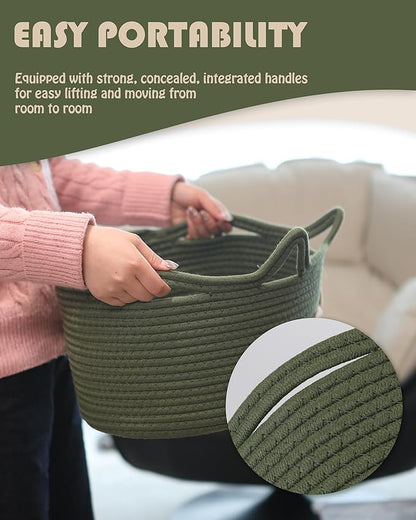 Sea Team Cat Toy Basket with Handles, 16.5 x 11 x 7 Inches, 4.4 Gallons Large Cotton Rope Storage Bin, Box, Shelf Organizer for Pet Chew Toys, Foods, Green Meow