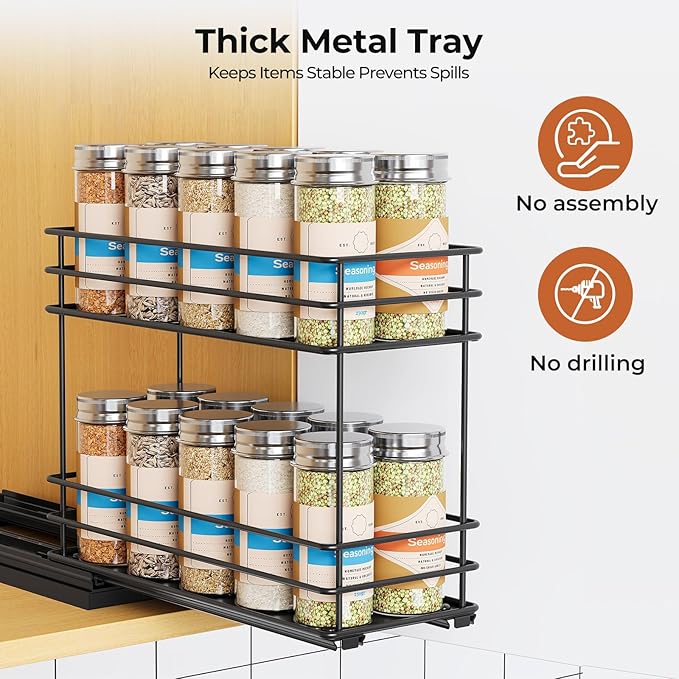 Mystozer Pull Out Spice Rack Organizer for Cabinet, Slide Out Spice Racks, Easy to Install, 4.33" Wx10.43 Dx8.66 H, 1 Drawer 2 Tiers(Black)