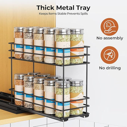 Mystozer Pull Out Spice Rack Organizer for Cabinet, Slide Out Spice Racks, Easy to Install, 4.33" Wx10.43 Dx8.66 H, 1 Drawer 2 Tiers(Black)