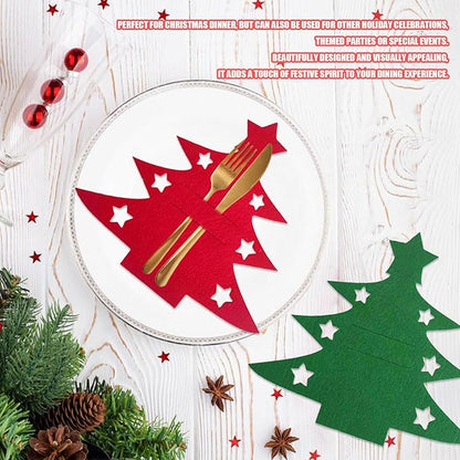 Christmas Cutlery Holder, 24 Pcs Green Red Christmas Tree Silverware Holder Pockets, Xmas Utensil Bag Spoon Knife Fork Bags Xmas Party Dinner Table Decorations Supplies