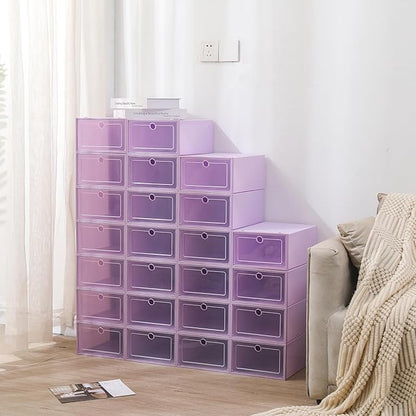 24 Pack Shoe Storage Boxes, Clear Stackable Shoe Organizer for Closet with Flip Lid, Foldable Plastic Shoe Boxes Sneaker Containers for Entryway, Closet, Under Bed (Purple)
