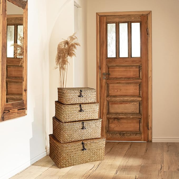 Woanger Set of 4 Wicker Baskets with Lids, Nautral Seagrass Storage Baskets, Woven Rectangular Basket Bins, Rattan Storage Organizer for Shelf Closet Bedroom(Orange)