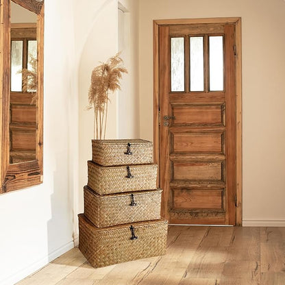 Woanger Set of 4 Wicker Baskets with Lids, Nautral Seagrass Storage Baskets, Woven Rectangular Basket Bins, Rattan Storage Organizer for Shelf Closet Bedroom(Orange)