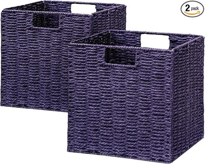 Vagusicc Wicker Storage Basket, Set of 2 Hand-Woven Wicker Basket, 11 inch Storage Basket, Foldable Cube Storage Organizer Bins, Storage Baskets for Organizing Shelves Decor, Purple (11″×11″×11″)