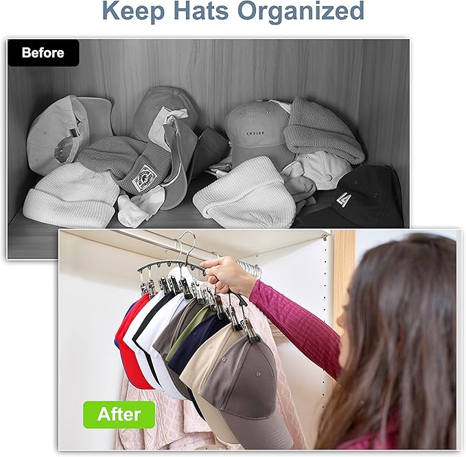 Yecuip Hat Hangers for Closet, Metal Hats Organizer Racks for Base Ball Caps 2 Pack Door Hats Racks for Baseball Cap with 10 Large Clips, Baseball Hat Holder for Closet Storage, Fits All Cap-Black