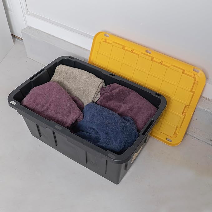 CX BLACK & YELLOW 27-Gallon Heavy Duty Storage Bins with Lids, Stackable Plastic Storage Bins with Weather-Resistant Design, Home Organization, 2 Pack (14.3H x 20.6W x 30.6D)