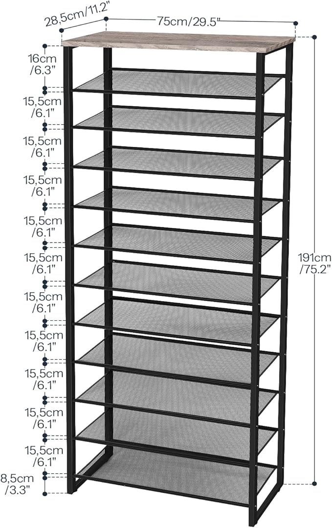HOOBRO 12-Tier Shoe Rack for Entryway, 29.5" L Shoe Storage Organizer, Large Capacity Shoe Shelf for Closet, Front Door Entrance, Hallway, Holds 36-48 Pairs of Shoes, Greige and Black BG127XJ01