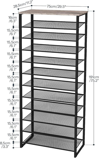 HOOBRO 12-Tier Shoe Rack for Entryway, 29.5" L Shoe Storage Organizer, Large Capacity Shoe Shelf for Closet, Front Door Entrance, Hallway, Holds 36-48 Pairs of Shoes, Greige and Black BG127XJ01