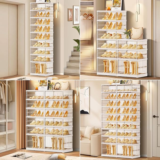 CIMLORD 6-Tier Foldable Shoe Rack for Closet Entryway 12-24Pairs,Stackable Clear Shoe Storage Boxes Organizer with Door Plastic Shoe Cabinet Bins with Lids Shoes Shelf Easy Assembly Large White
