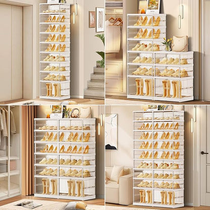 CIMLORD 6-Tier Foldable Shoe Rack for Closet Entryway 12-24Pairs,Stackable Clear Shoe Storage Boxes Organizer with Door Plastic Shoe Cabinet Bins with Lids Shoes Shelf Easy Assembly Large White