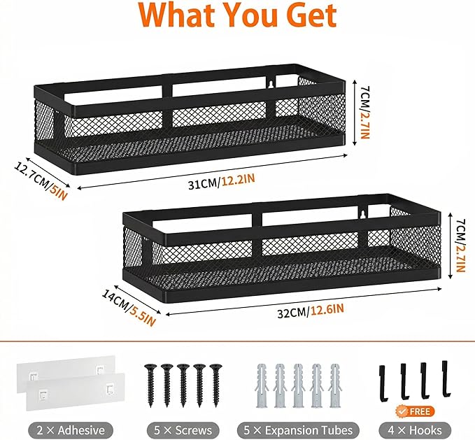 PUSDON Mesh Shower Caddy Wall Mount, Heavy Duty Adhesive Bathroom Shelf Organizer, Rustproof Floating Spice Rack for Kitchen Pantry, Holds 50 LBS, Multi-Purpose Storage Black-2 Packs (Netting)