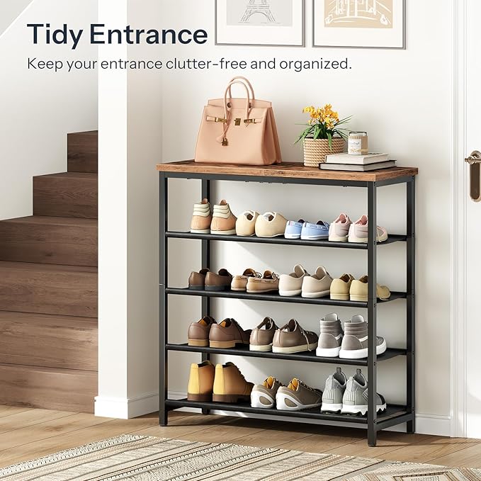 HOOBRO Shoe Rack with 4 PU Shelves, 5-Tier Shoe Storage Organizer for Closet and Entryway, Holds 12-16 Pairs of Shoes, Sturdy Metal Frame, Small Spaces, Rustic Brown and Black BF95XJ01