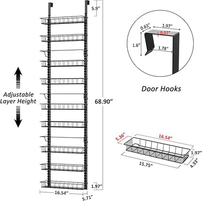 Churboro Over the Door Pantry Organizer Rack with 9 Adjustable Baskets, 9 Tiers Dual-use Hanging or Wall Mount Spice Rack Organizer, Black