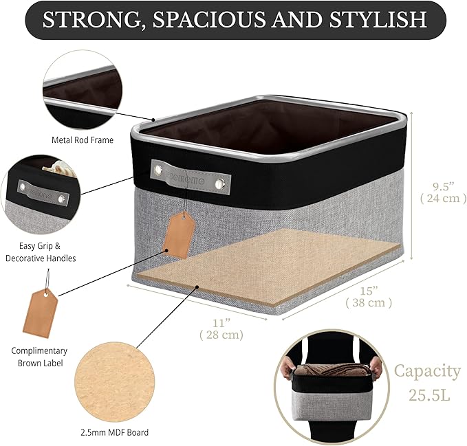 DECOMOMO Storage Bins, Large Fabric Storage Baskets for Shelves, Decorative Linen Closet Organizer, 15 x 11 x 9.5 inches (Grey & Black, 4 Pack)