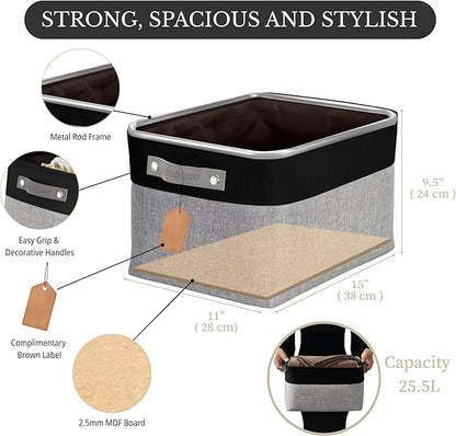 DECOMOMO Storage Bins, Large Fabric Storage Baskets for Shelves, Decorative Linen Closet Organizer, 15 x 11 x 9.5 inches (Grey & Black, 4 Pack)