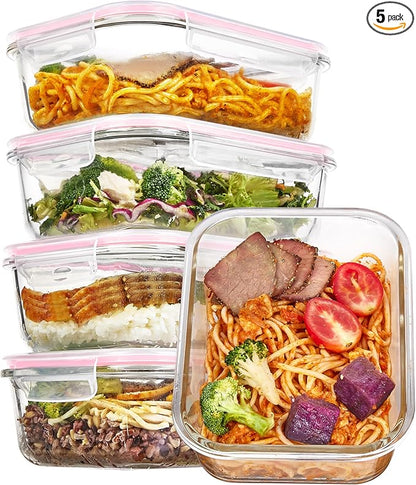 Vtopmart 5 Pack 35oz Glass Food Storage Containers with Lids, Meal Prep Containers, Airtight Reusable Lunch Container Set, Safe for Oven, Microwave, Freezer, and Dishwasher, Pink