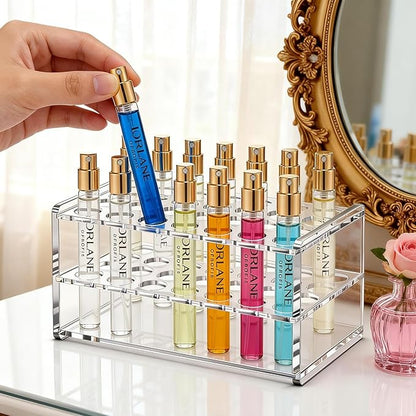 Acrylic Rollerball Perfume Organizer, 24 Holes mini fragrances Holder, Travel Perfume Vial and Tall Scented Oil Storage Display Rack