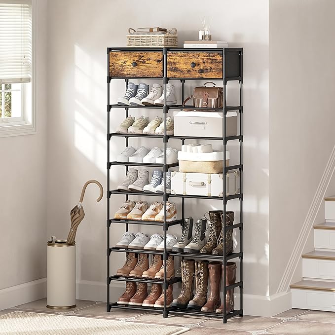Tall Shoe Rack, 10 Tier Large Shoe Rack Organizer with 2 Drawers, Shoe Storage for 36-40 Pairs, Sturdy Metal Shoe Shelf Shoe Stand for Closet Entryway, Rustic Brown and Black